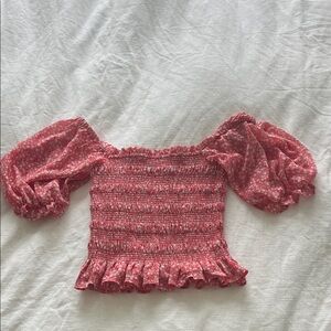 Wayf Pink Floral Smocked Off-Shoulder Blouse